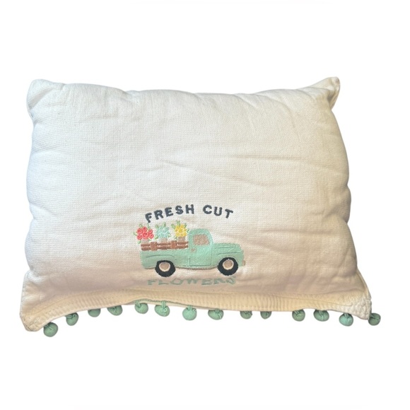 Spring Pillow with Embroidered pickup Truck flowers aqua white throw pillow - Picture 1 of 8